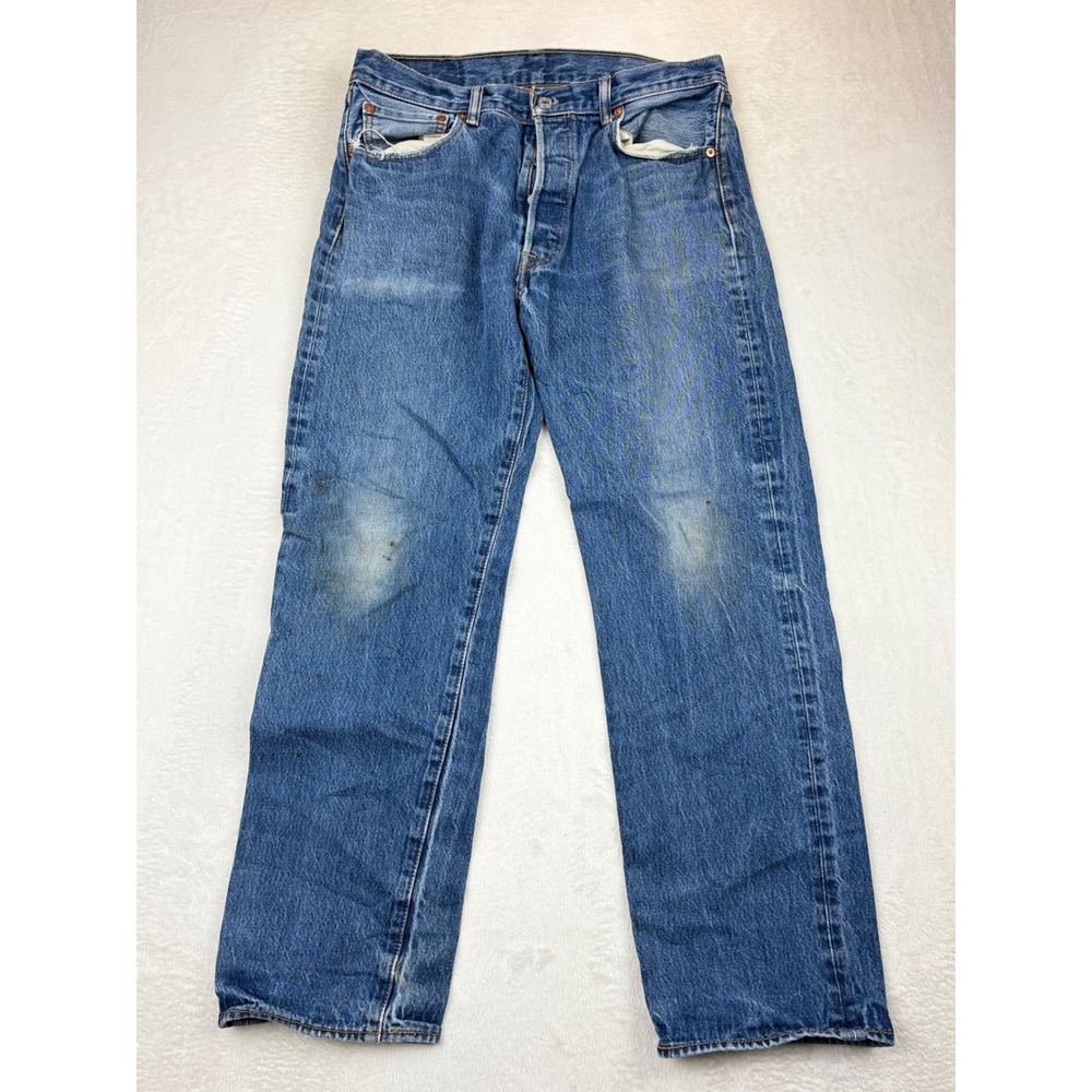 Levis 501 Vintage Mens 35x33 Light‎ Distressed Thigh Fade Medium Wash Denim